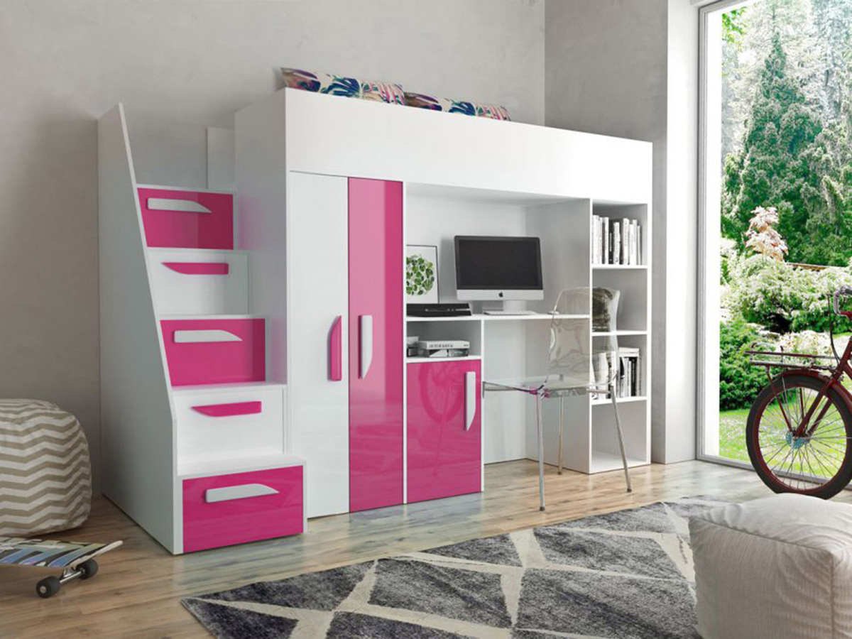 Cama alta Hartford 192 (Branco + Cor-de-rosa brilhante + Branco brilhante)
