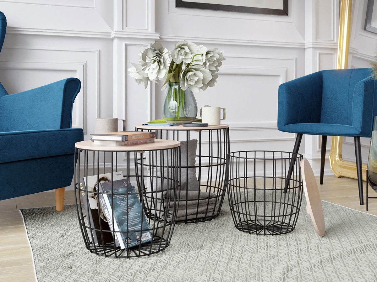 Conjunto de mesas de apoio Aedifis (Preto + Madeira clara)