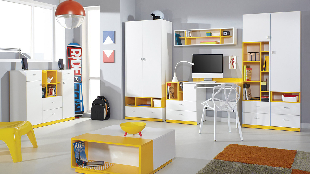 Conjunto de mobiliário Omaha E118 (Branco + Amarelo)