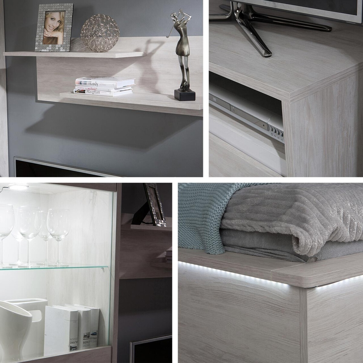 Conjunto para sala de estar Fivelbo 114 (Carvalho branqueado + Branco brilhante)