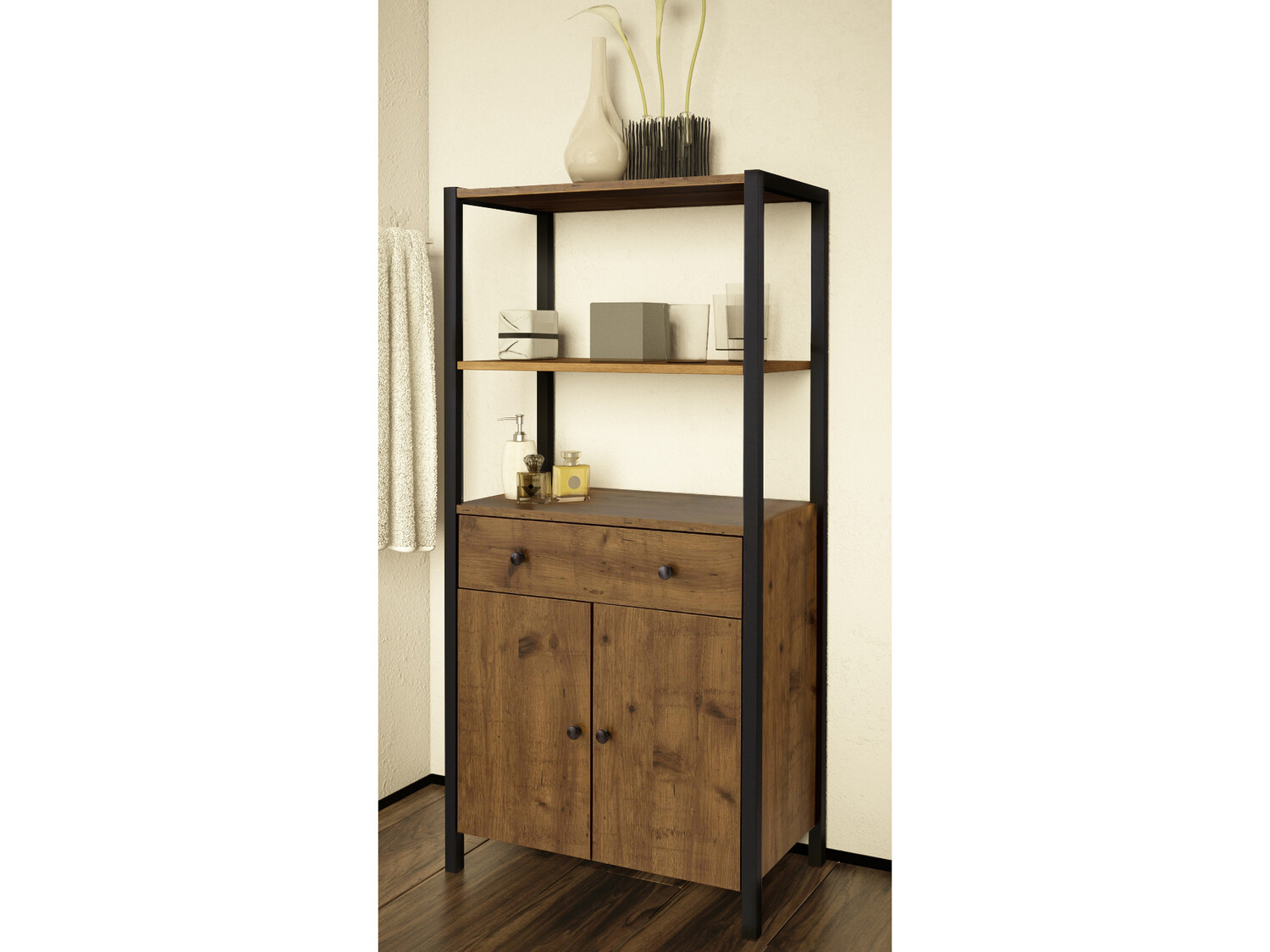 Prateleira para casa de banho Larnovo 111 (Carvalho escuro + Preto)