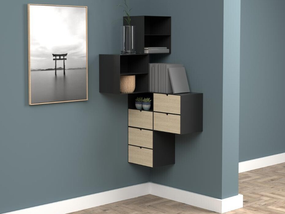 Mesa de cabeceira Norsica 375 (Preto + Madeira clara)