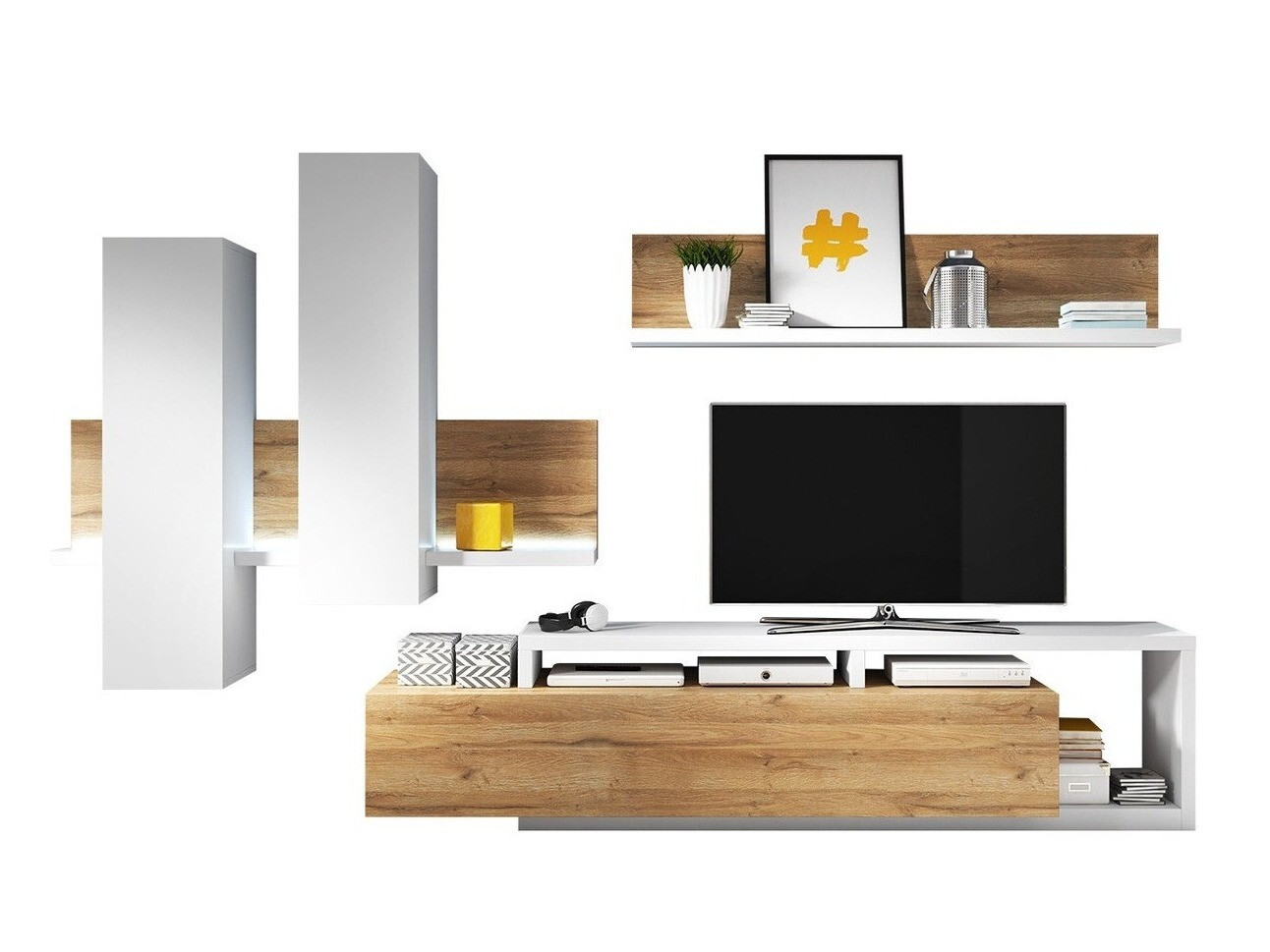 Conjunto para sala de estar Lutiva 100 (Branco + Carvalho Grandson)