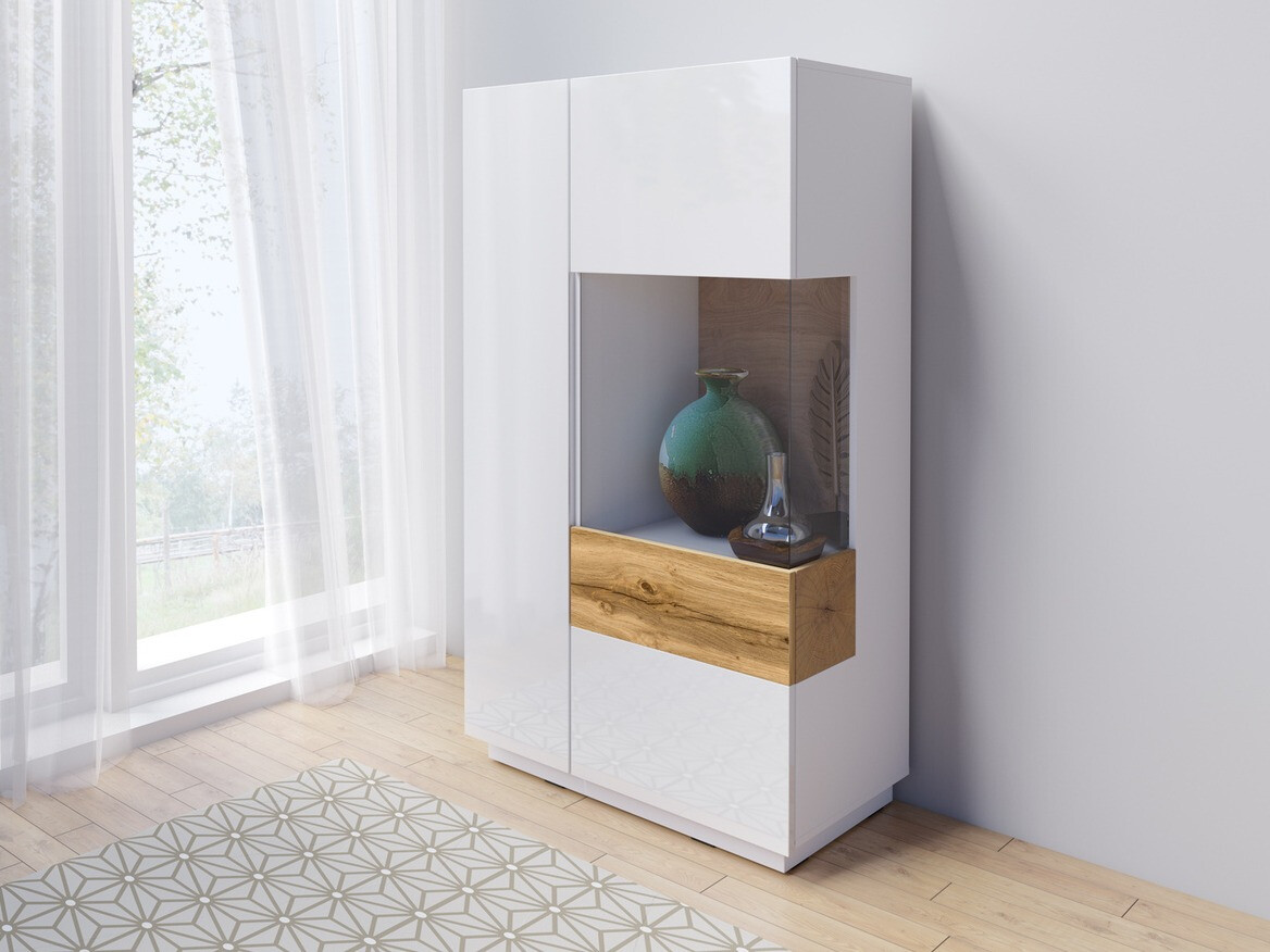 Aparador Livlore 104 (Branco + Branco brilhante + Carvalho wotan)