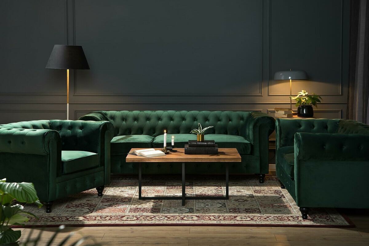 Chesterfield conjunto de mobiliário com estofo Manor House Ophfenu 110 (Verde)