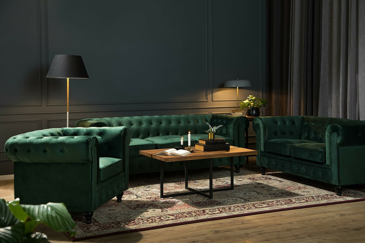 Chesterfield conjunto de mobiliário com estofo Manor House Ophfenu 110 (Verde)