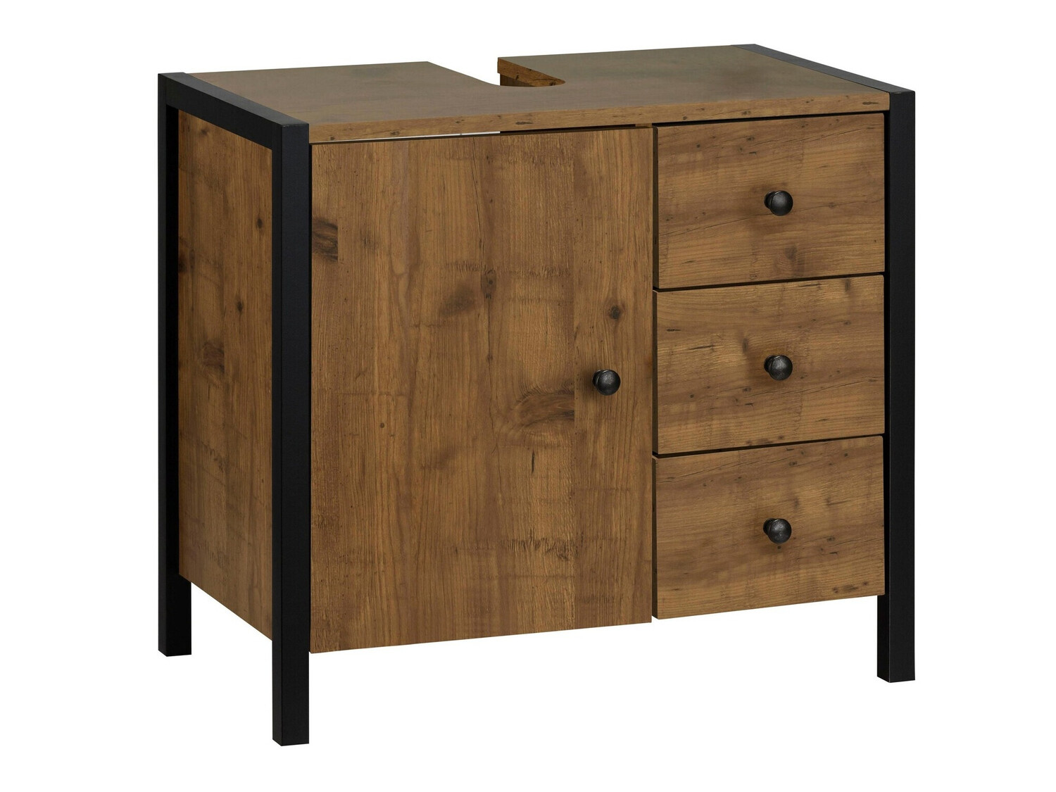 Armário com lavatório de apoio próprio para casa de banho Larnovo 105 (Carvalho escuro + Preto)