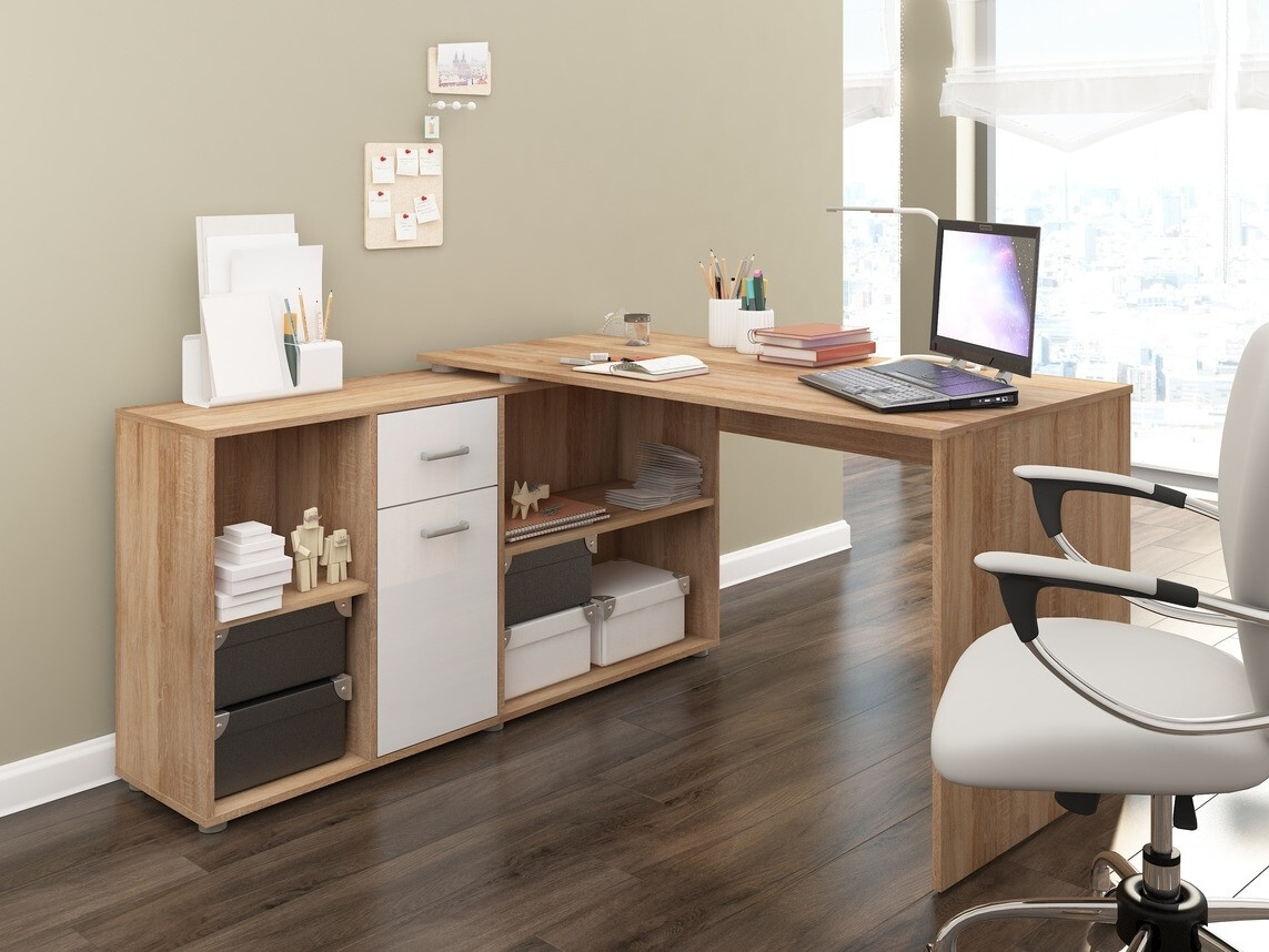 Mesa de escritório para cantos Gilroy 113 (Carvalho sonoma + Branco brilhante)