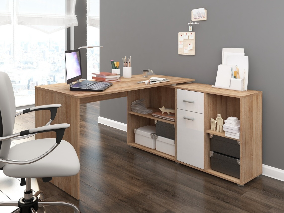 Mesa de escritório para cantos Gilroy 113 (Carvalho sonoma + Branco brilhante)