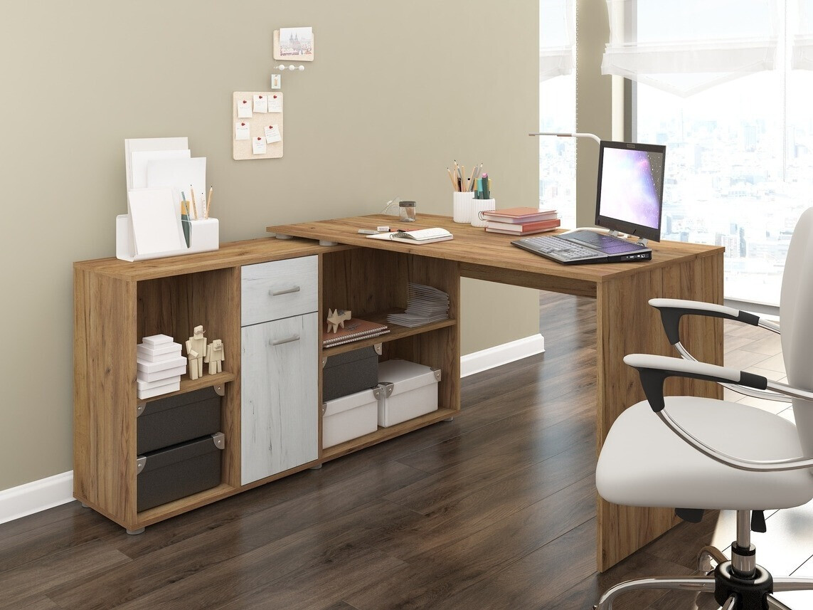 Mesa de escritório para cantos Gilroy 113 (Craft carvalho + Branco craft)