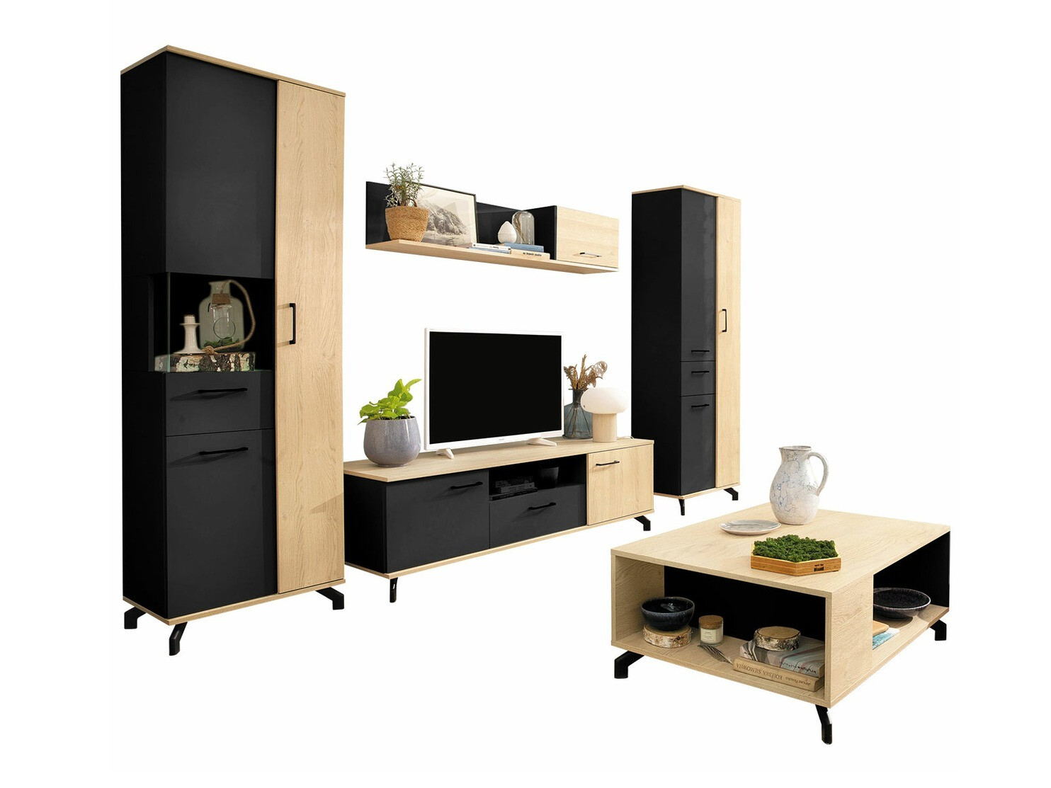 Conjunto para sala de estar Omaha S116 (Preto + Carvalho claro)