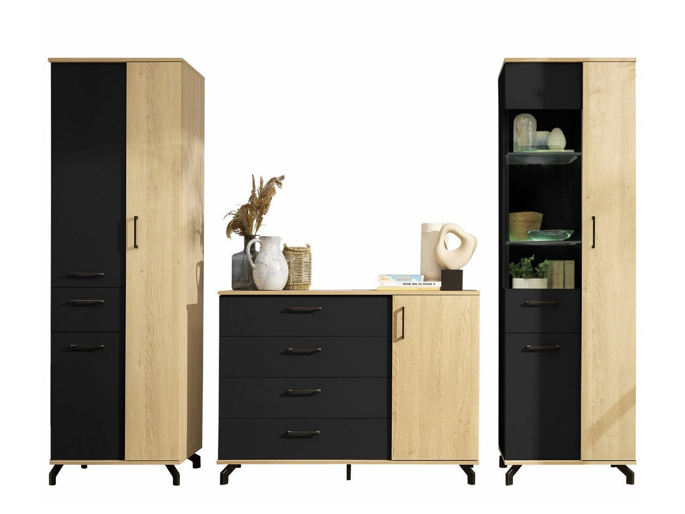 Conjunto para sala de estar Omaha S117 (Preto + Carvalho claro)