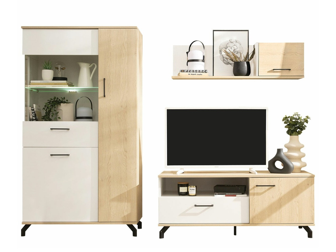 Conjunto para sala de estar Omaha S118 (Branco + Carvalho claro)