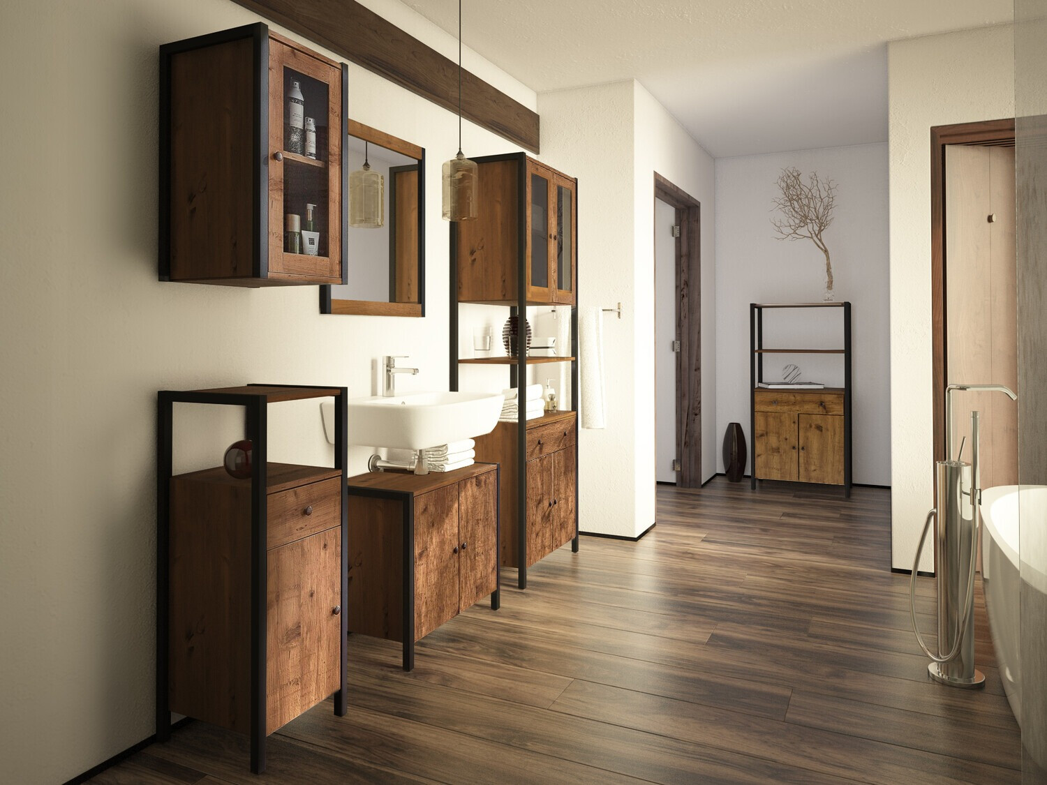 Prateleira para casa de banho Larnovo 111 (Carvalho escuro + Preto)