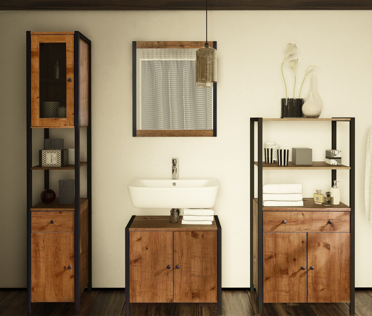 Prateleira para casa de banho Larnovo 111 (Carvalho escuro + Preto)