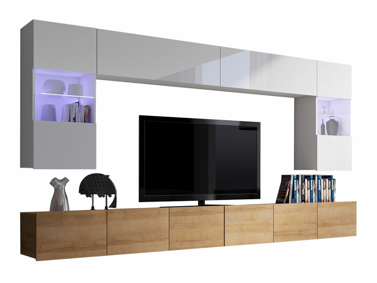 Conjunto para sala de estar Remus I (Carvalho dourado + Branco + Branco brilhante)