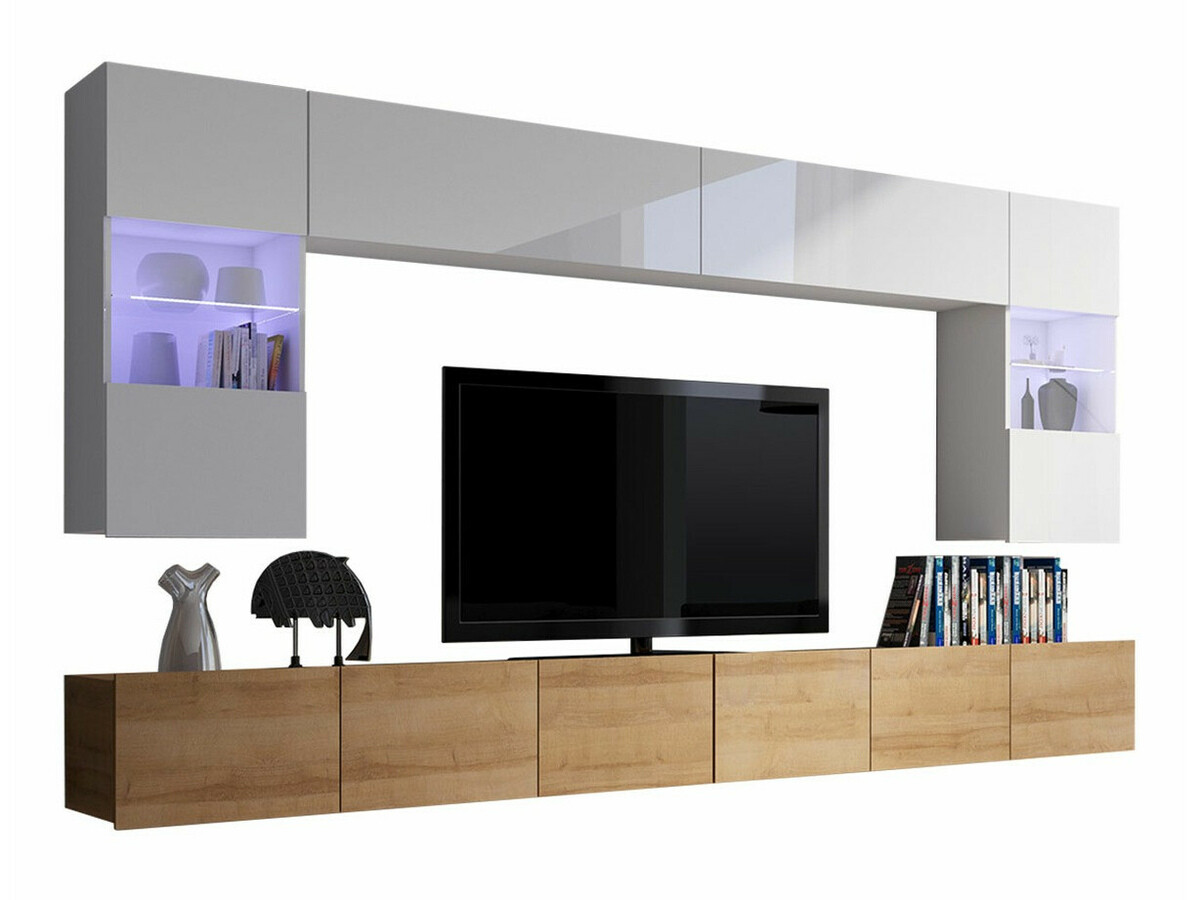 Conjunto para sala de estar Remus I (Carvalho dourado + Branco + Branco brilhante)