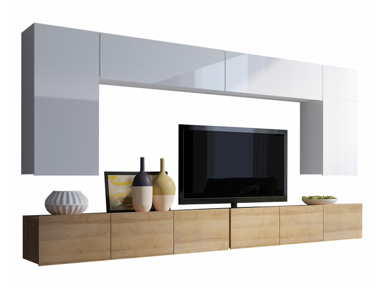 Conjunto para sala de estar Remus XIII (Carvalho dourado + Branco + Branco brilhante)