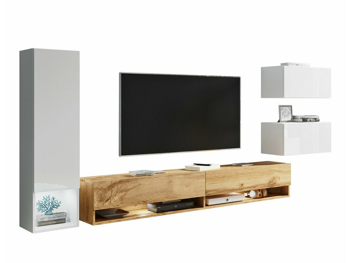 Conjunto para sala de estar Sarasota 124 (Branco + Branco brilhante + Carvalho wotan)
