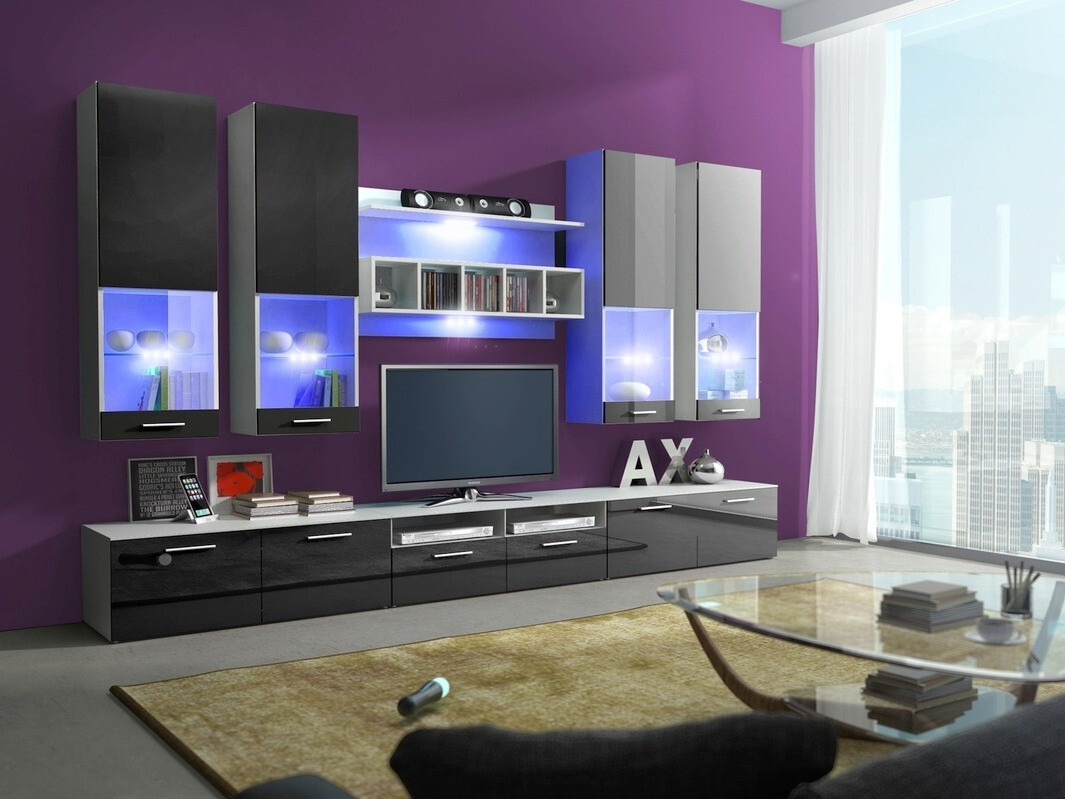 Conjunto para sala de estar Nashville 107 (Branco + Preto brilhante)