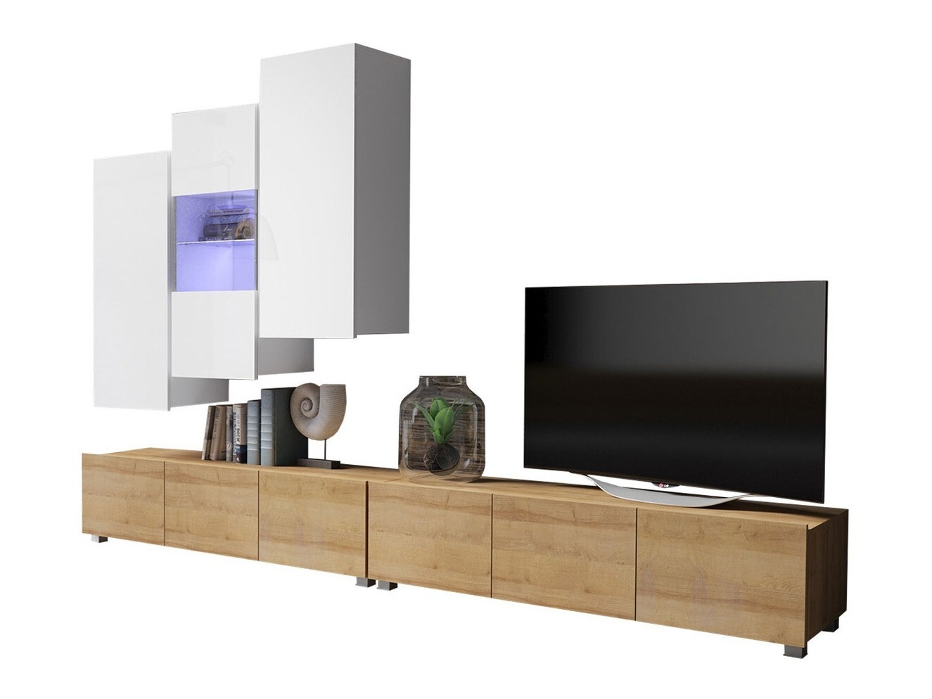 Conjunto para sala de estar Remus XVII (Carvalho dourado + Branco + Branco brilhante)