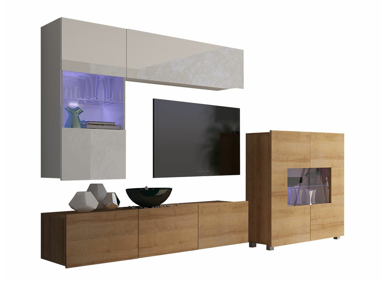 Conjunto para sala de estar Remus III (Carvalho dourado + Branco + Branco brilhante)