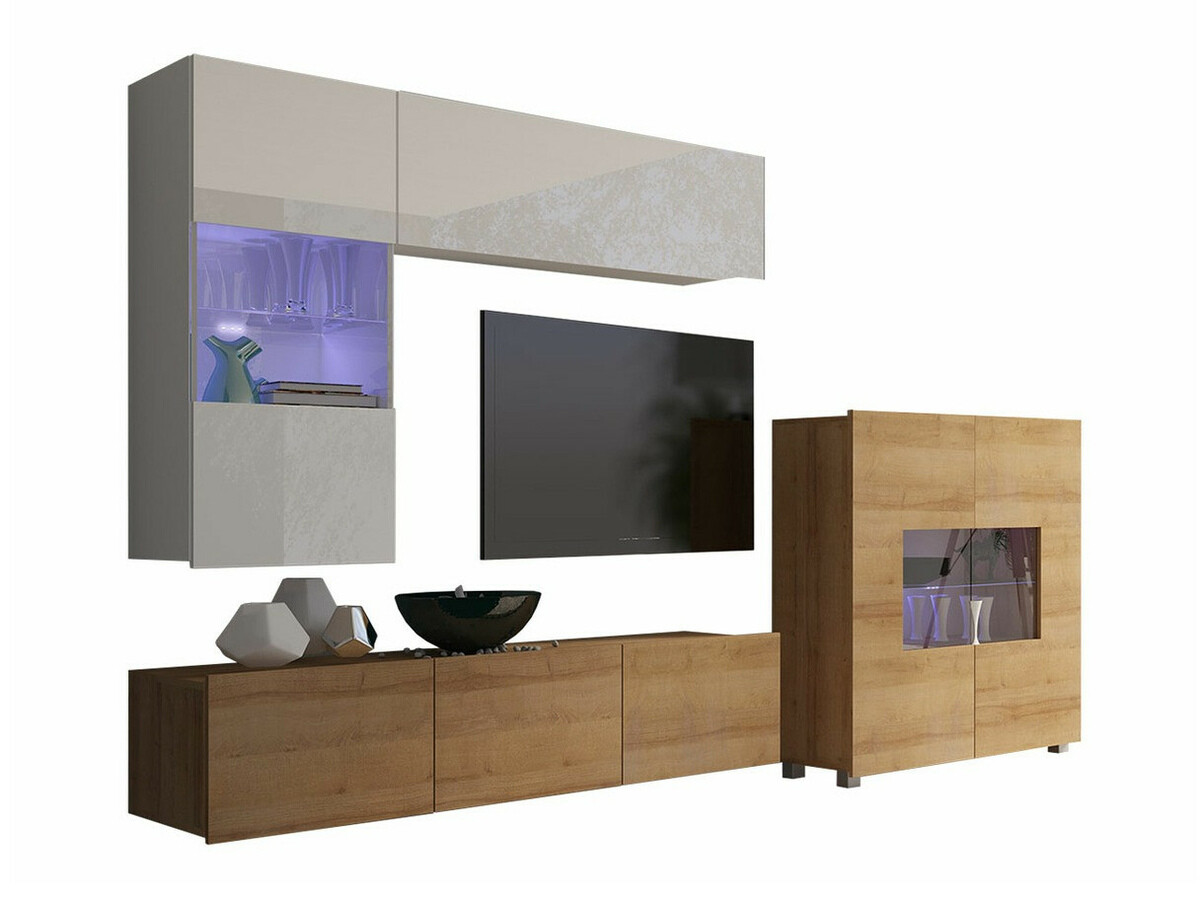 Conjunto para sala de estar Remus III (Carvalho dourado + Branco + Branco brilhante)