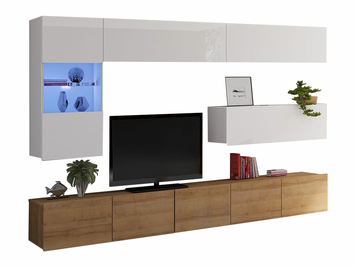Conjunto para sala de estar Remus IV (Carvalho dourado + Branco + Branco brilhante)