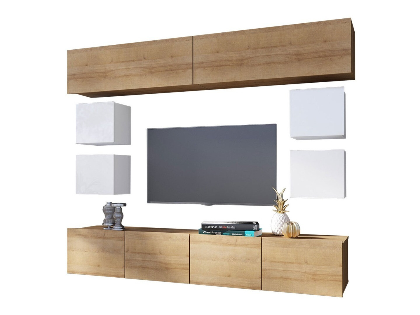 Conjunto para sala de estar Remus XVI (Carvalho dourado + Branco + Branco brilhante)