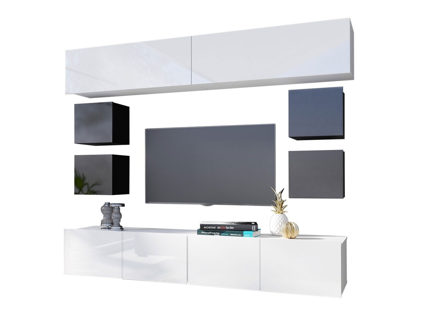 Conjunto para sala de estar Remus XVI (Preto + Preto brilhante + Branco + Branco brilhante)