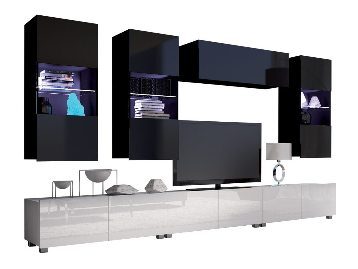 Conjunto para sala de estar Remus XI (Branco + Branco brilhante + Preto + Preto brilhante)