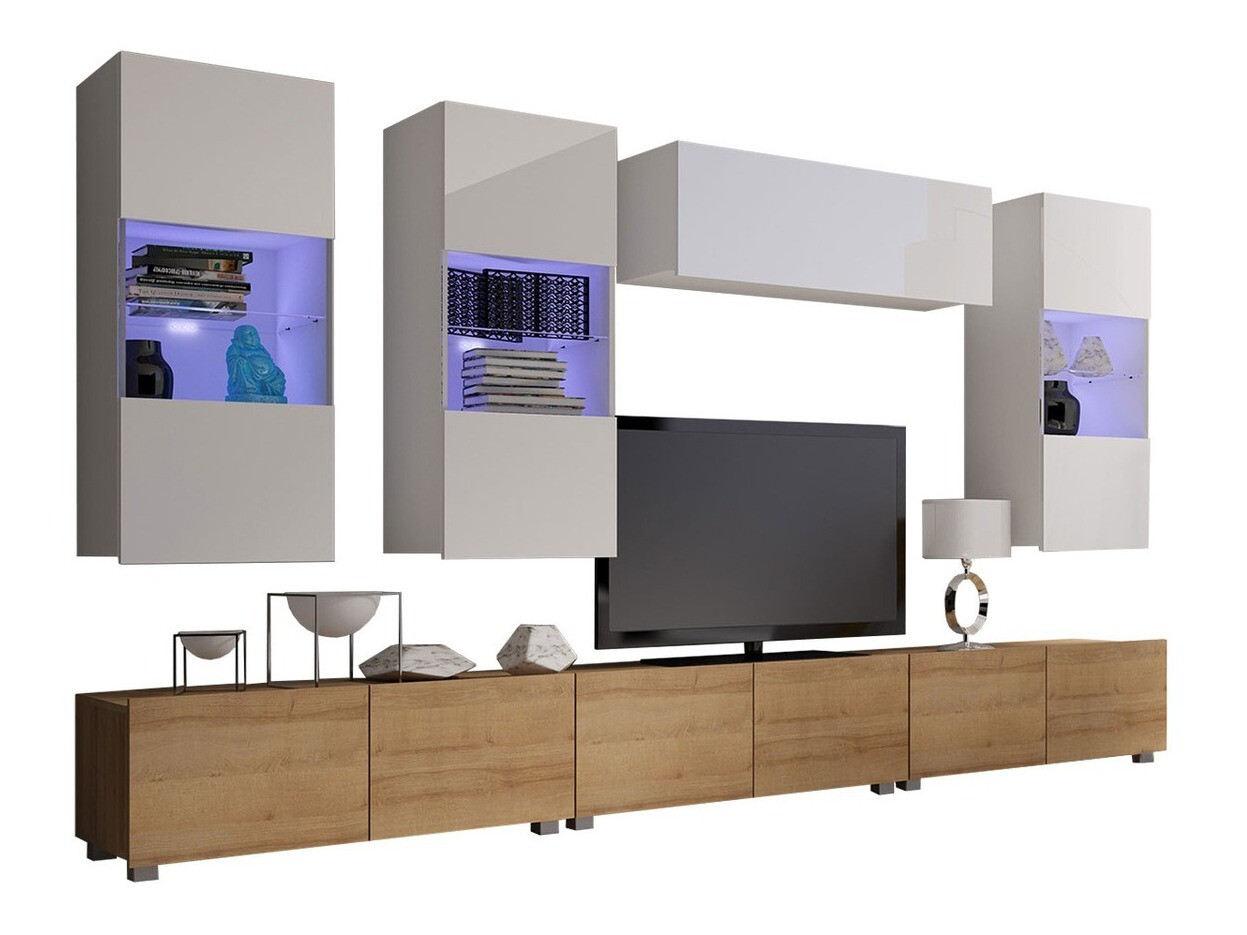Conjunto para sala de estar Remus XI (Carvalho dourado + Branco + Branco brilhante)