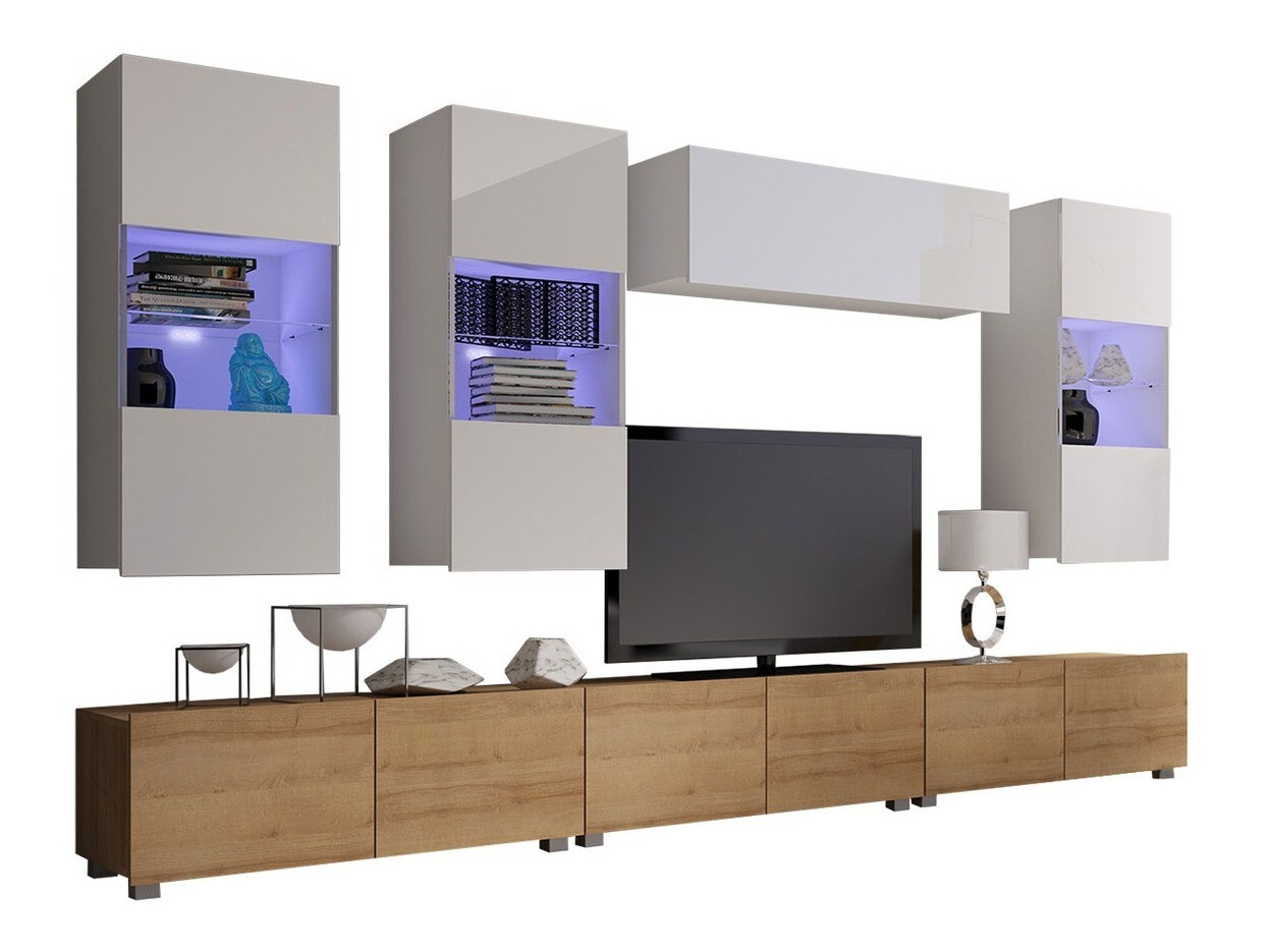 Conjunto para sala de estar Remus XI (Carvalho dourado + Branco + Branco brilhante)