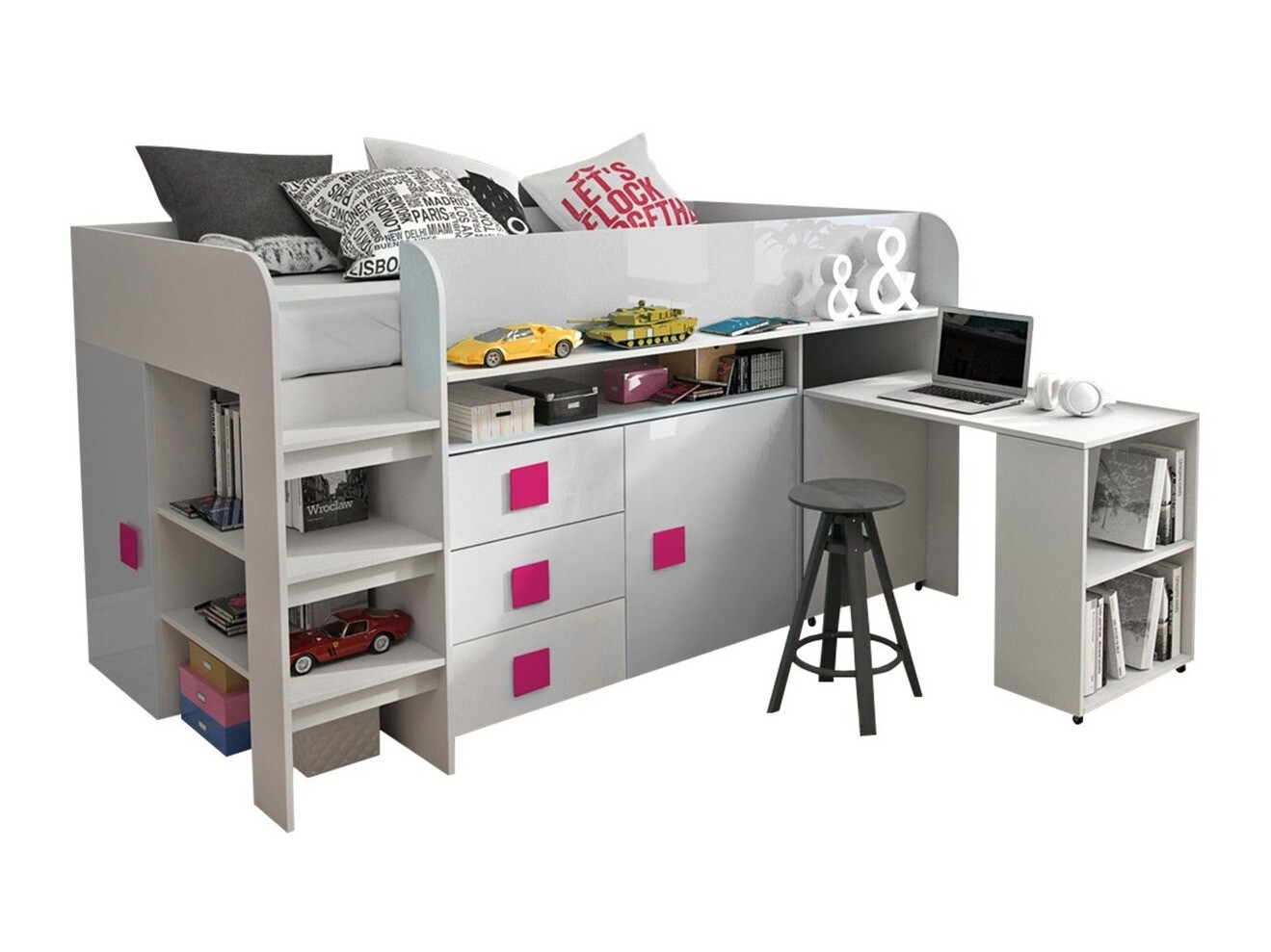 Cama Hartford 190 (Branco + Branco brilhante + Cor-de-rosa brilhante)