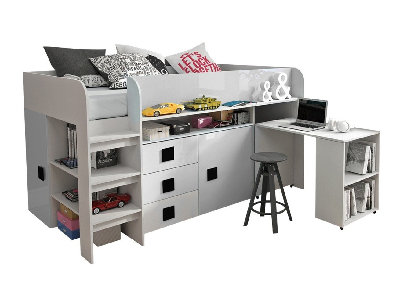 Cama Hartford 190 (Branco + Branco brilhante + Preto brilhante)