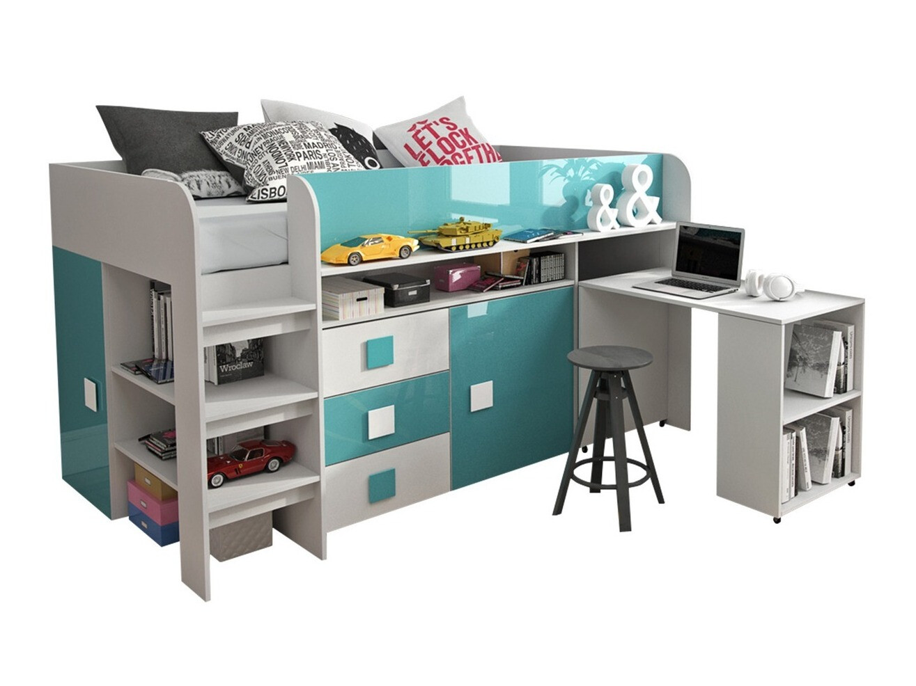 Cama Hartford 190 (Branco + brilhante Turquesa + Branco brilhante)