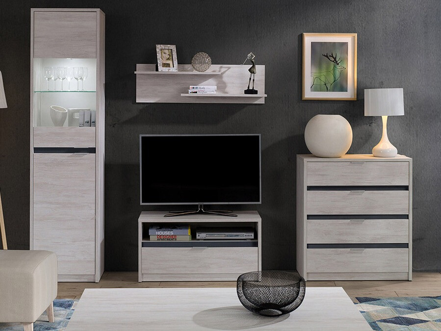 Conjunto para sala de estar Fivelbo 115 (Carvalho branqueado + Grafite brilhante)