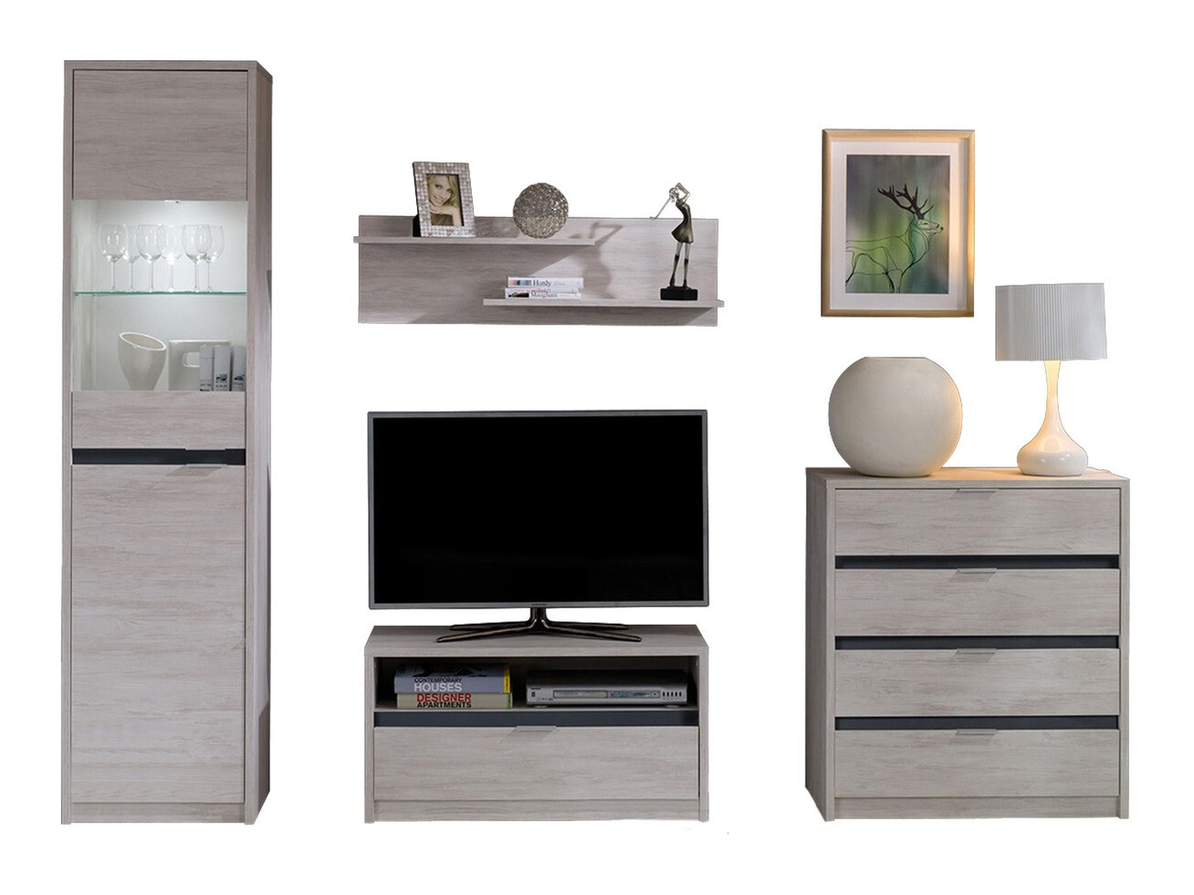 Conjunto para sala de estar Fivelbo 115 (Carvalho branqueado + Grafite brilhante)