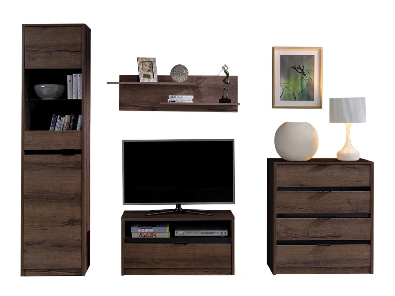 Conjunto para sala de estar Fivelbo 115 (Carvalho do Monastery + Preto brilhante)