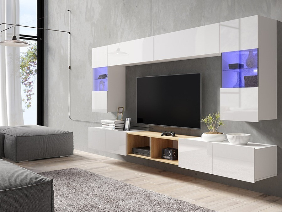 Conjunto para sala de estar Remus XXIV (Branco + Branco brilhante + Carvalho dourado)