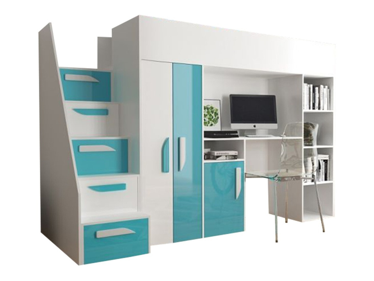Cama alta Hartford 192 (Branco + Brilhante Turquesa + Branco brilhante)