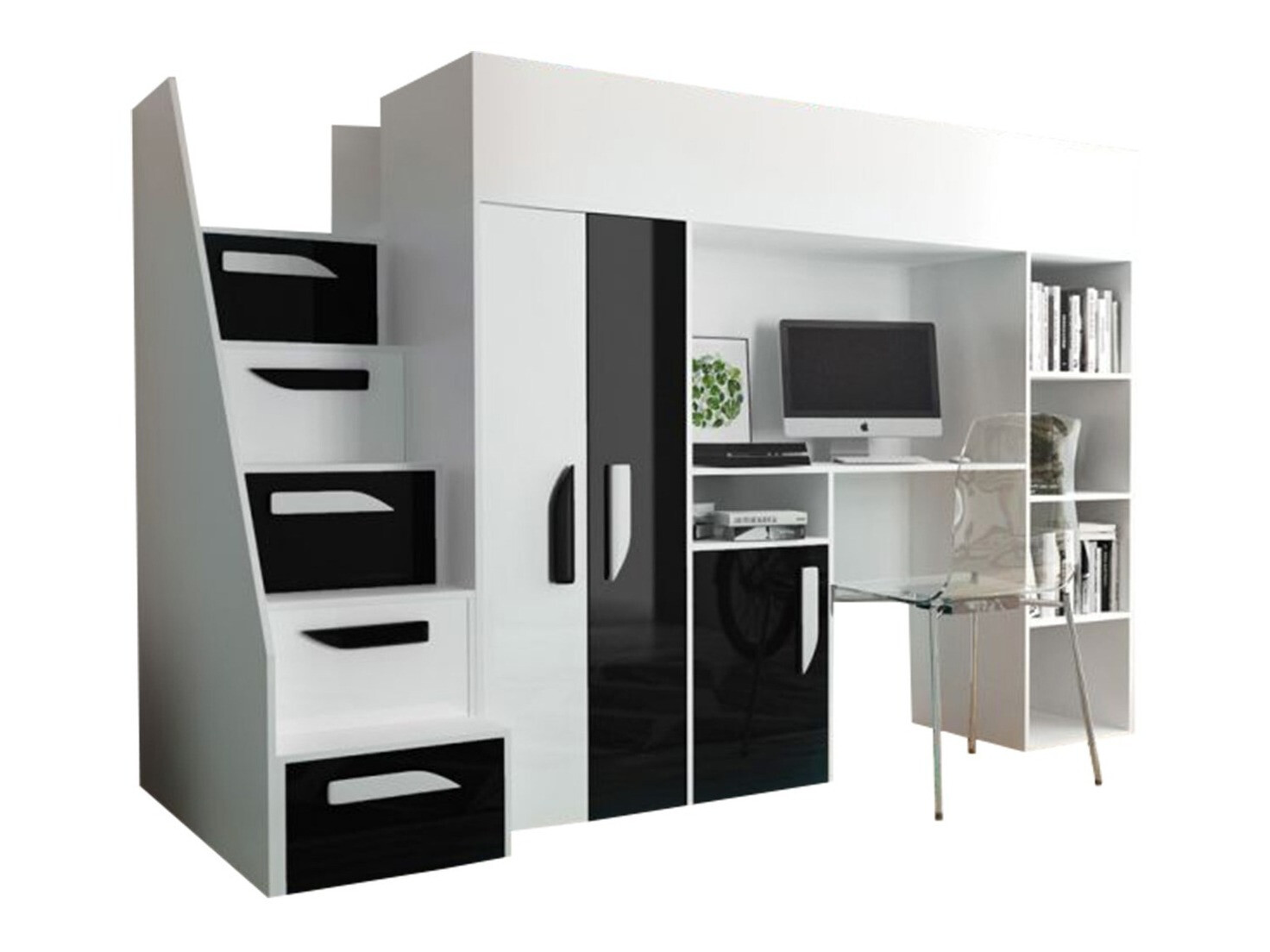 Cama alta Hartford 192 (Branco + Preto brilhante + Branco brilhante)