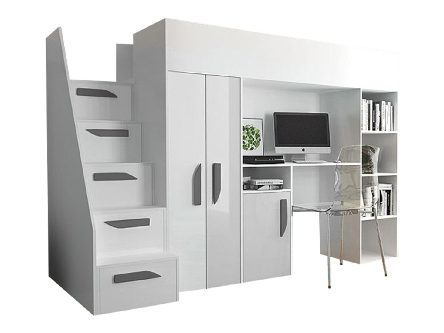 Cama alta Hartford 192 (Branco + Branco brilhante + Cinzento brilhante)