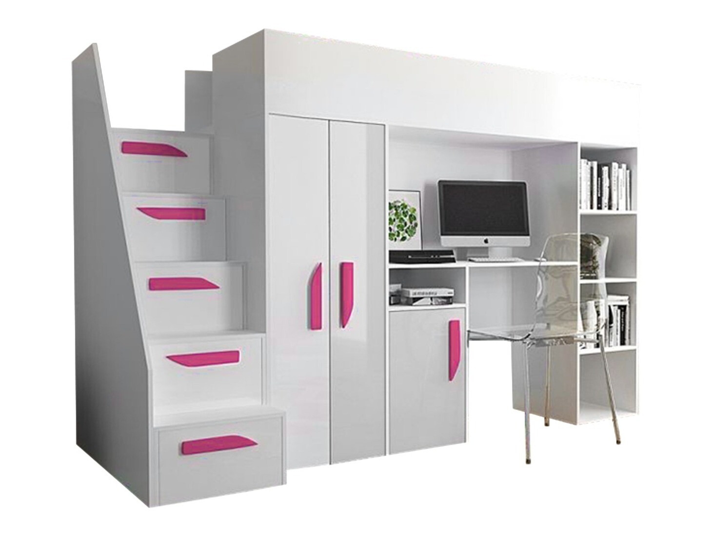 Cama alta Hartford 192 (Branco + Branco brilhante + Cor-de-rosa brilhante)