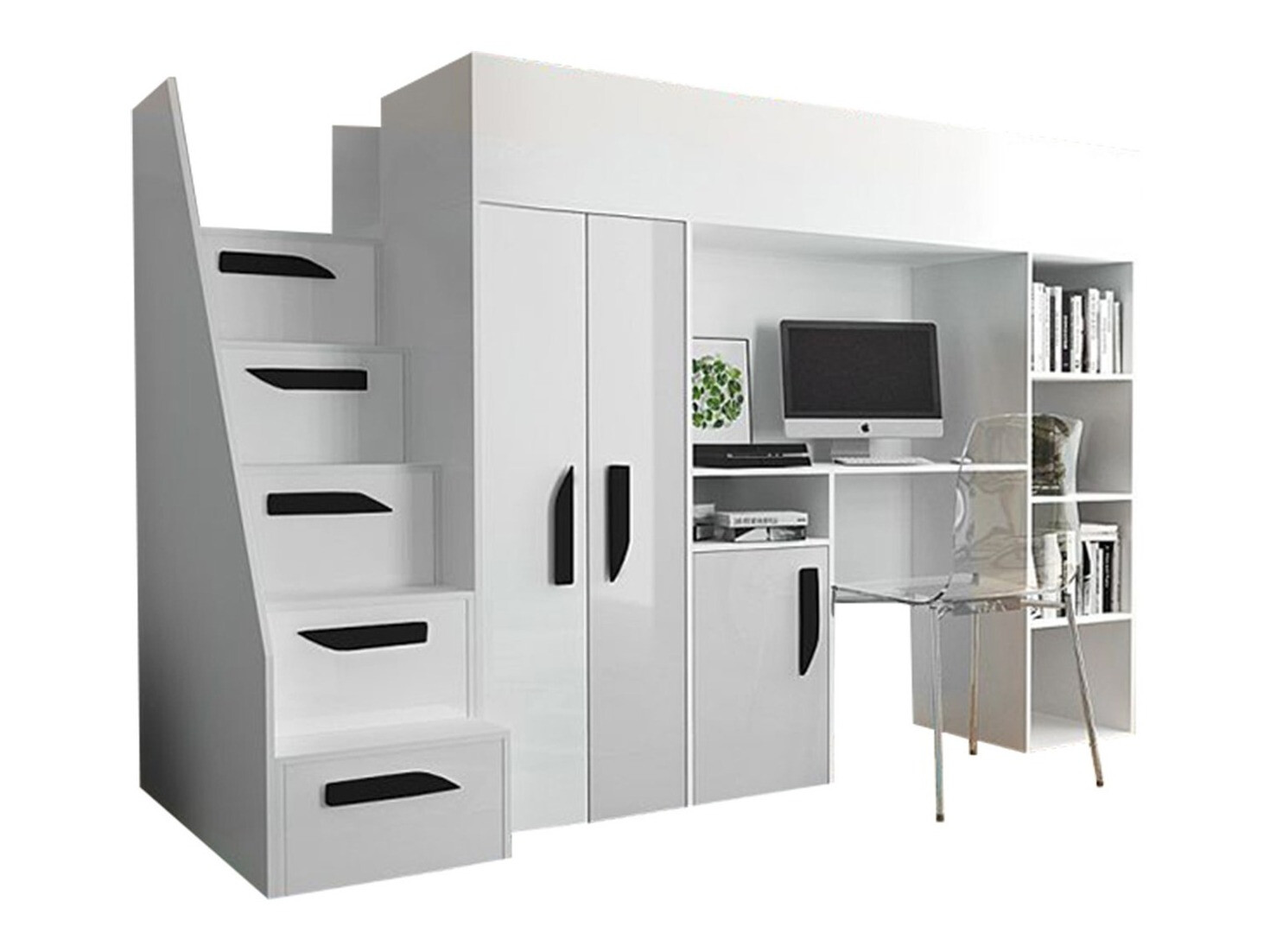 Cama alta Hartford 192 (Branco + Branco brilhante + Preto brilhante)