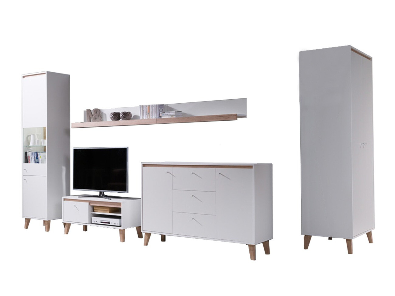 Conjunto para sala de estar Delbene 118 (Carvalho San Remo claro + Mate branco)