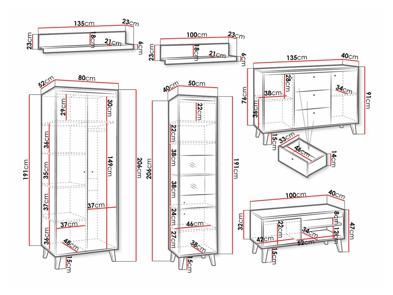 Conjunto para sala de estar Delbene 118 (Carvalho San Remo claro + Mate branco)