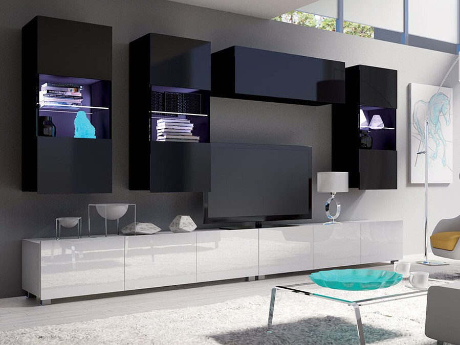 Conjunto para sala de estar Tivdalu 109 (Branco + Branco brilhante + Preto + Preto brilhante)
