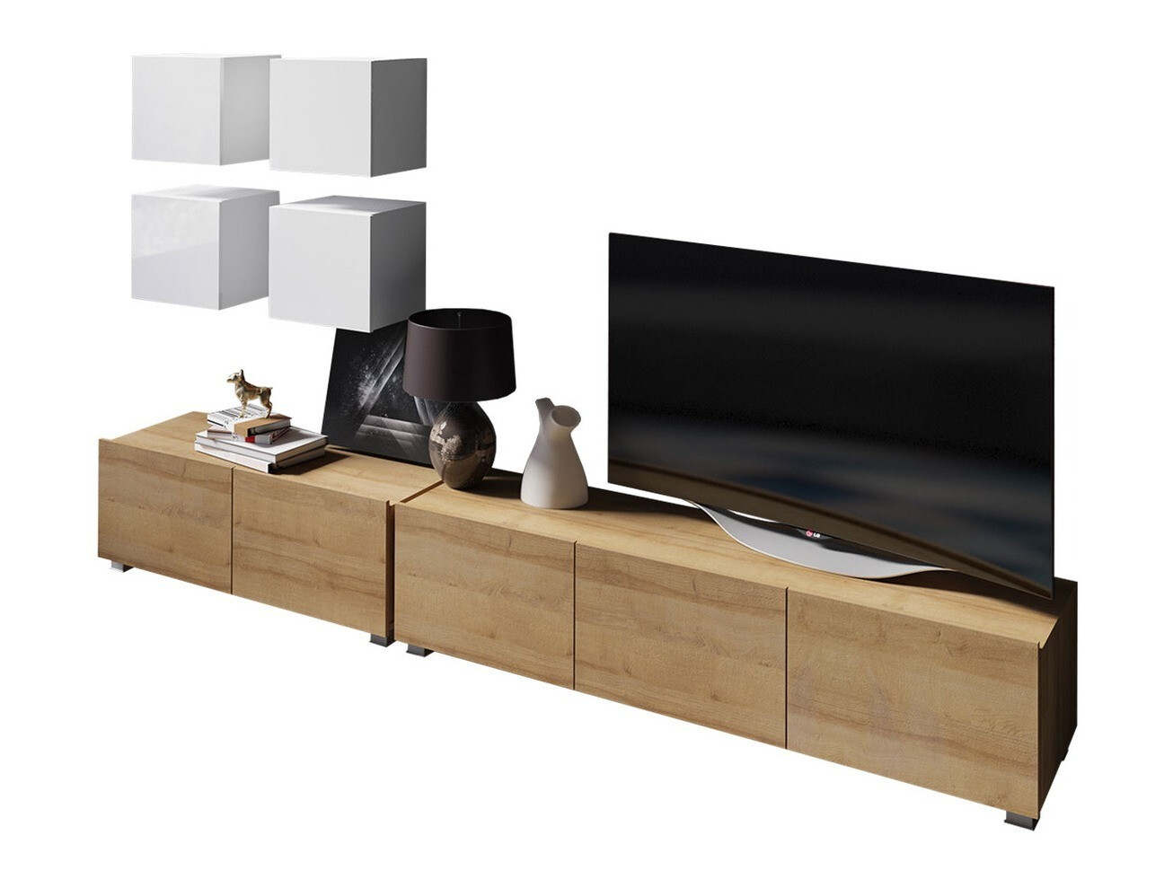 Conjunto para sala de estar Remus XVIII (Carvalho dourado + Branco + Branco brilhante)