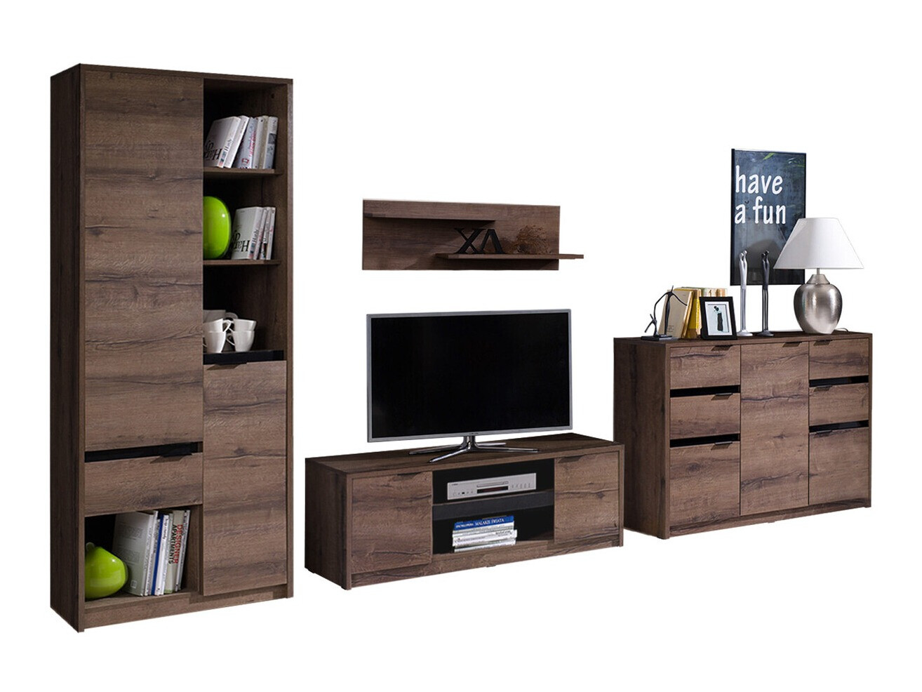 Conjunto para sala de estar Fivelbo 117 (Carvalho do Monastery + Preto brilhante)